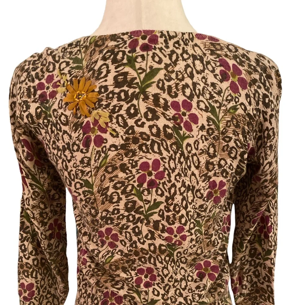 Sparrow Anthro Embellished Floral Leopard Ruffle Draped Cashmere Cardigan - XS - Picture 7 of 13